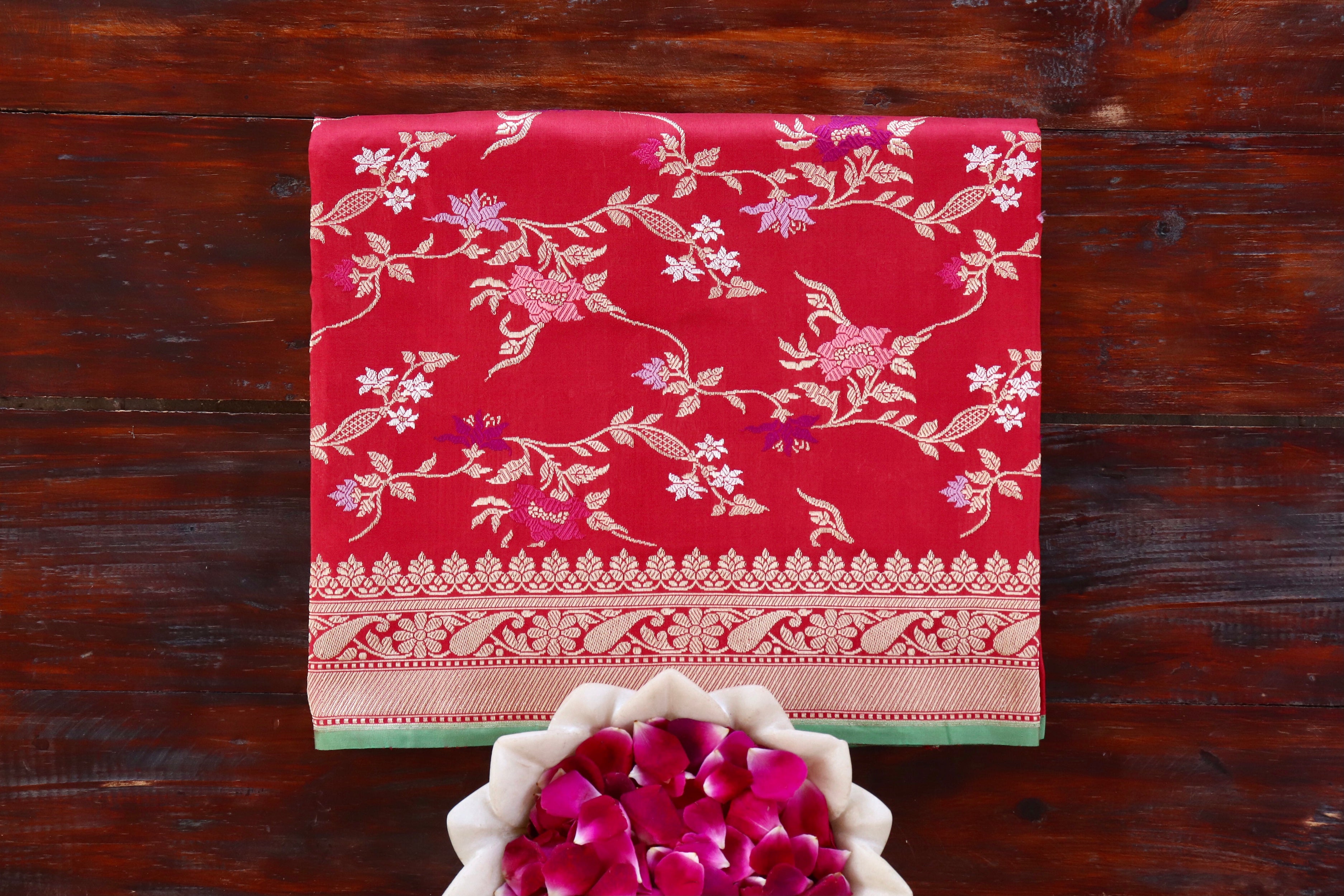 Red Meenadar Pure Silk Handloom Banarasi Jangla Saree