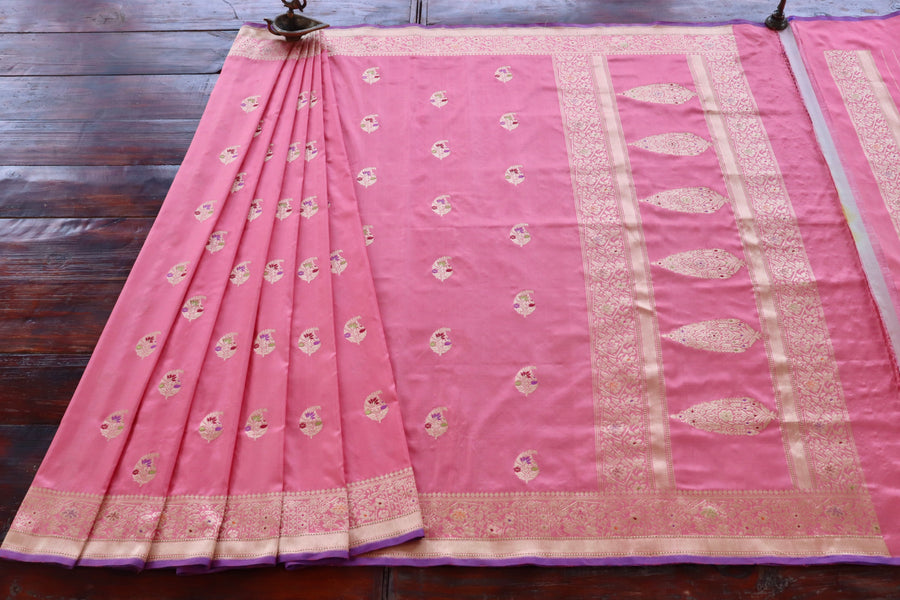 Pink Kairy Pure Silk Handloom Banarasi Saree