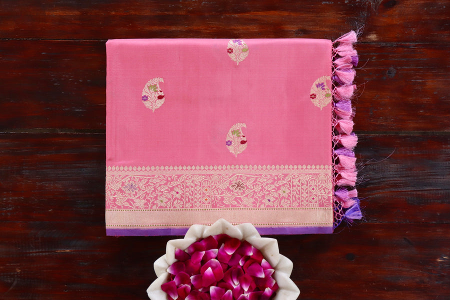 Pink handloom Banarsi saree with kairy motifs in pure silk