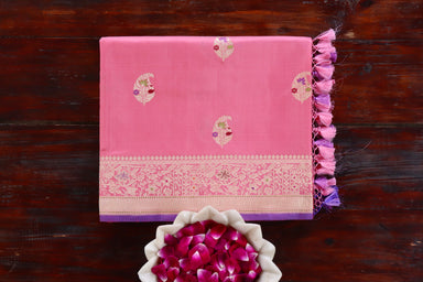 Pink handloom Banarsi saree with kairy motifs in pure silk
