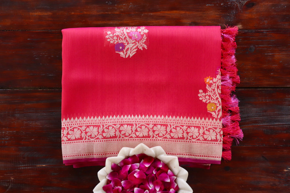 Red Shear Kora silk Banarasi saree with thread-by-thread motifs, draped for the camera.