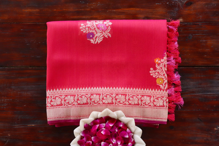 Red Shear Kora silk Banarasi saree with thread-by-thread motifs, draped for the camera.