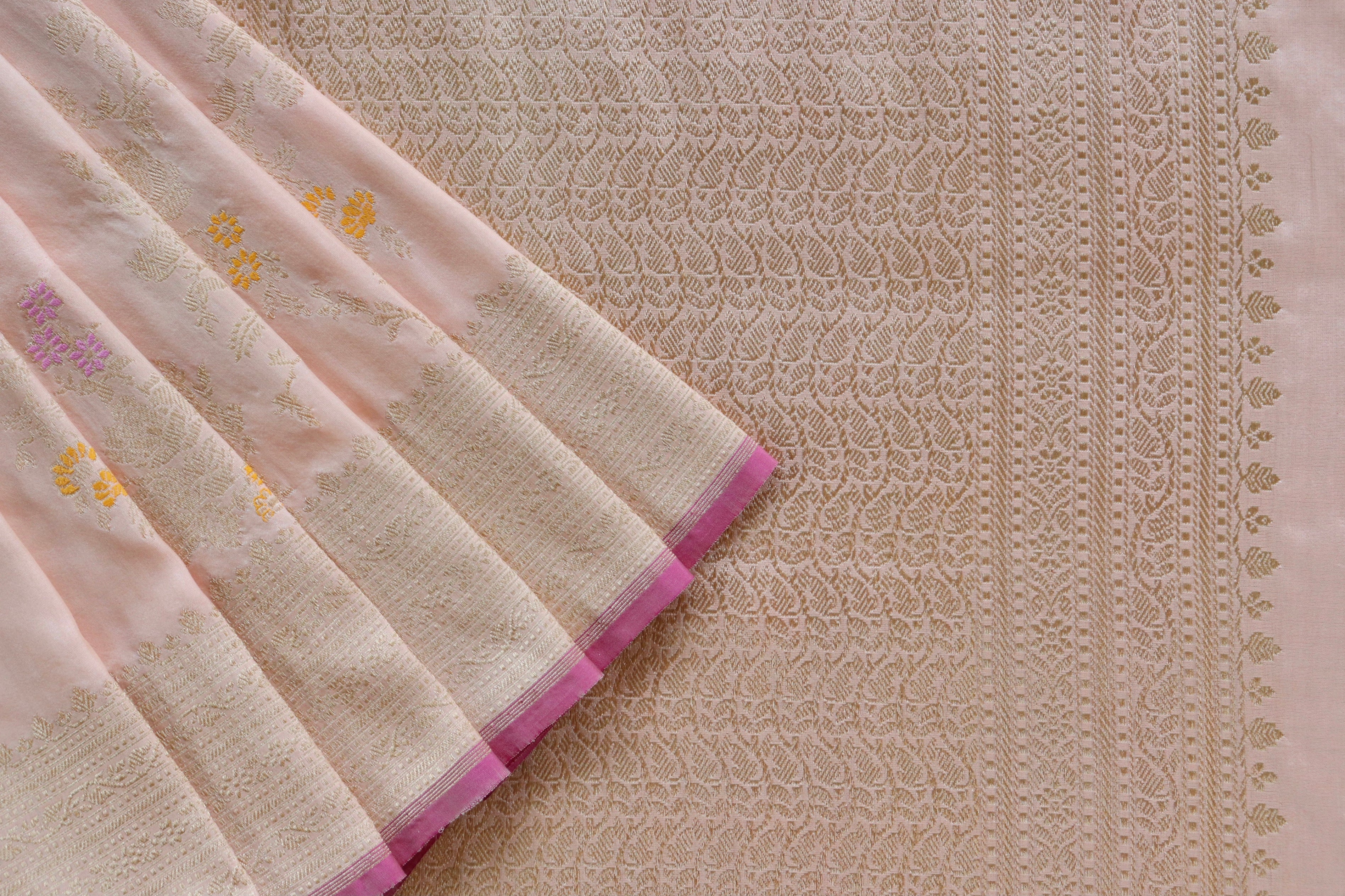 Peach Gulab Jangla Pure Silk Handloom Banarasi Saree