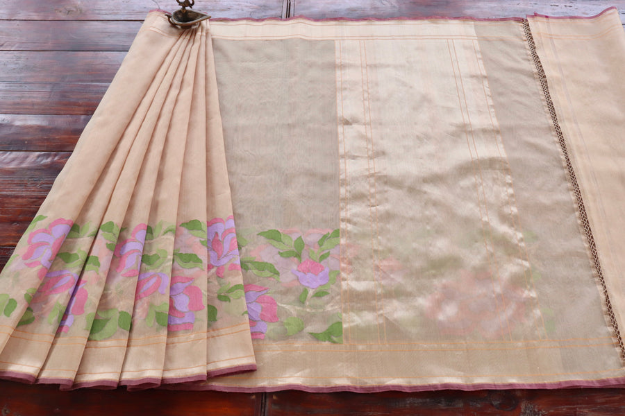 Beige Pure Kora Silk Handloom Banarasi Saree