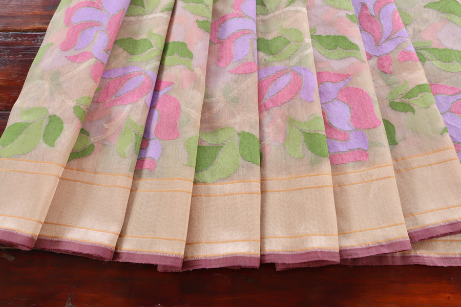 Beige Pure Kora Silk Handloom Banarasi Saree