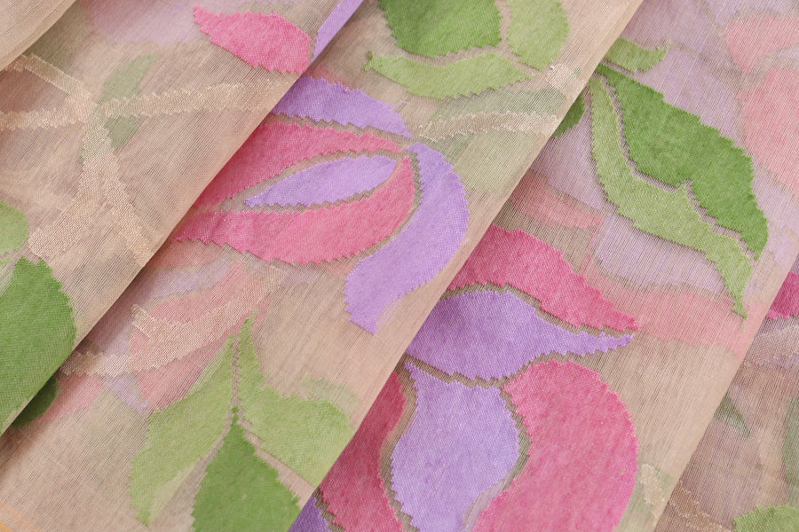 Beige Pure Kora Silk Handloom Banarasi Saree