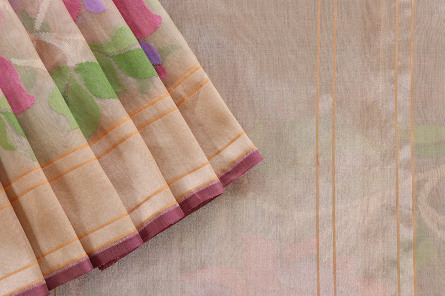 Beige Pure Kora Silk Handloom Banarasi Saree
