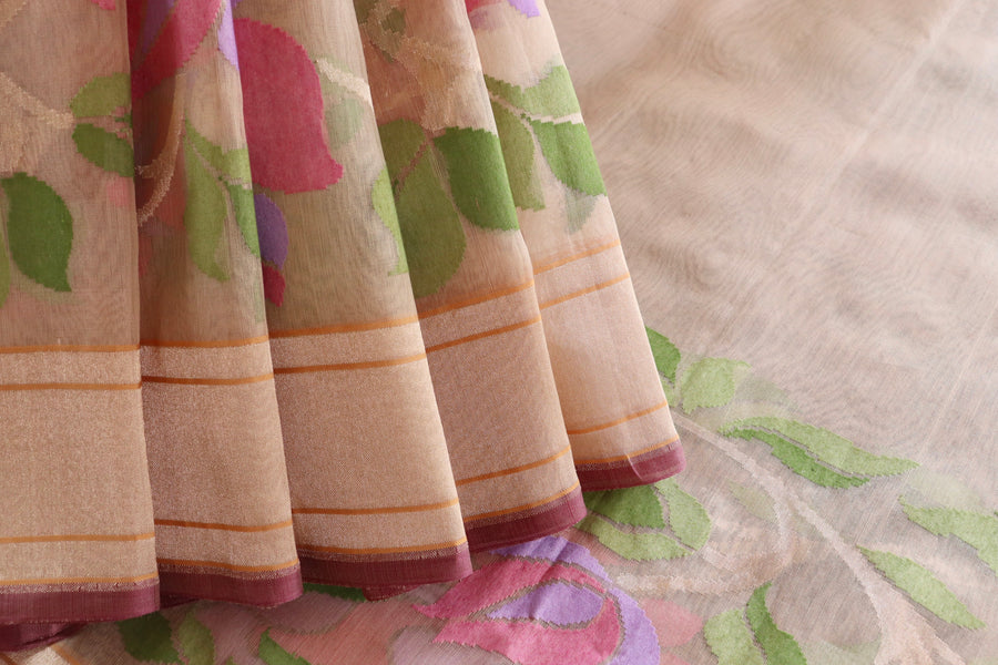 Beige Pure Kora Silk Handloom Banarasi Saree