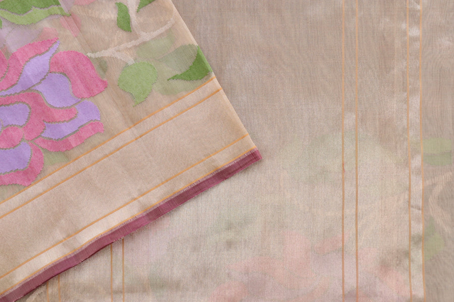Beige Pure Kora Silk Handloom Banarasi Saree