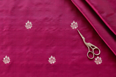 Purple pure Katan silk Banarasi fabric thaan with thread-by-thread motifs.