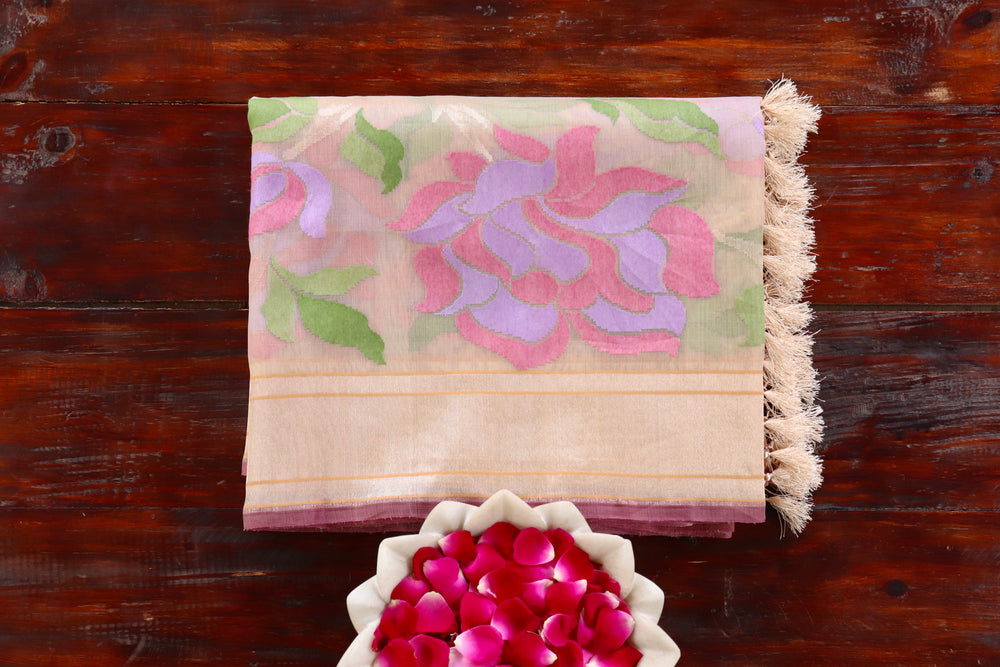 Beige handloom Banarsi saree in pure Kora silk