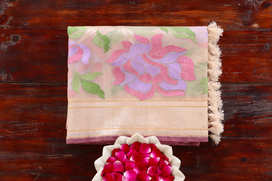 Beige handloom Banarsi saree in pure Kora silk