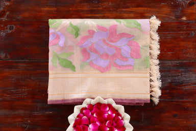 Beige handloom Banarsi saree in pure Kora silk
