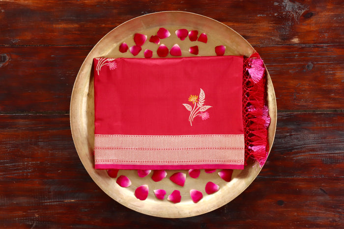 Red Leaf pure Katan silk Banarasi dupatta with thread-by-thread motifs.