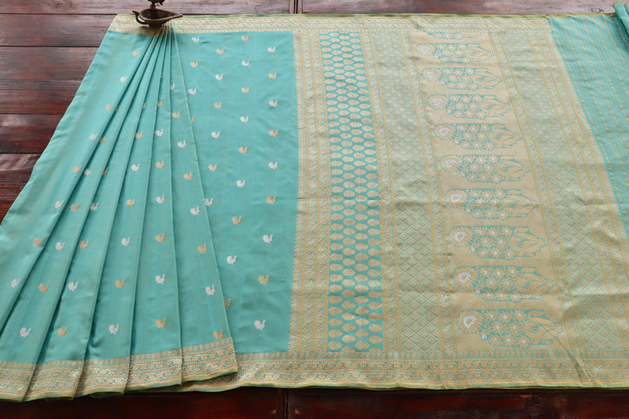 Sky Blue Peacock Motif Pure Silk Handloom Banarasi Saree