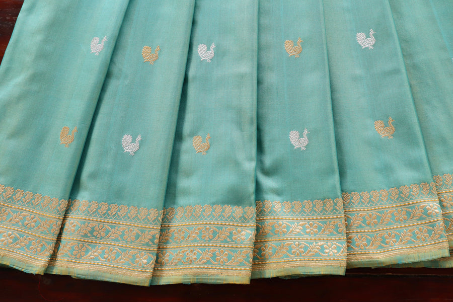 Sky Blue Peacock Motif Pure Silk Handloom Banarasi Saree