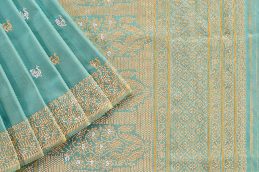 Sky Blue Peacock Motif Pure Silk Handloom Banarasi Saree