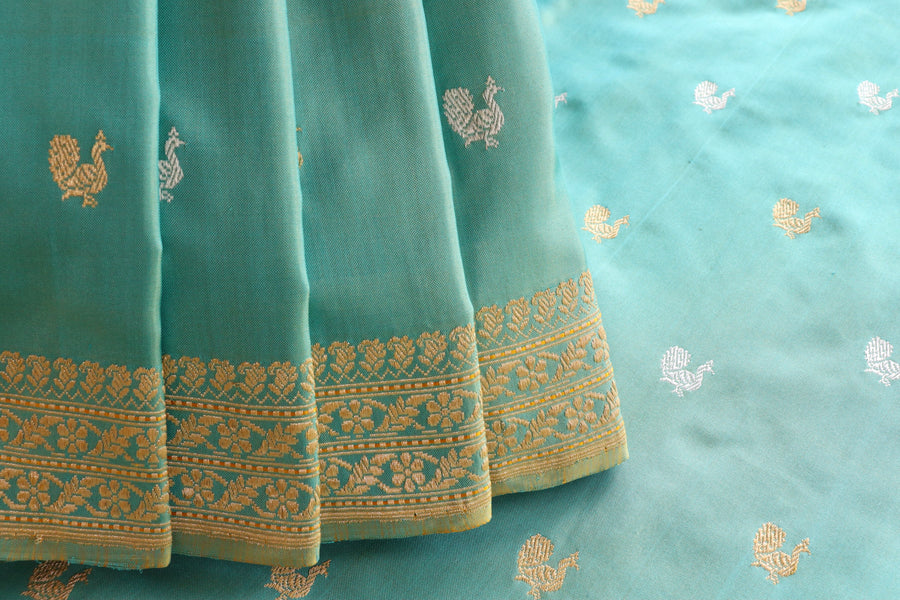 Sky Blue Peacock Motif Pure Silk Handloom Banarasi Saree