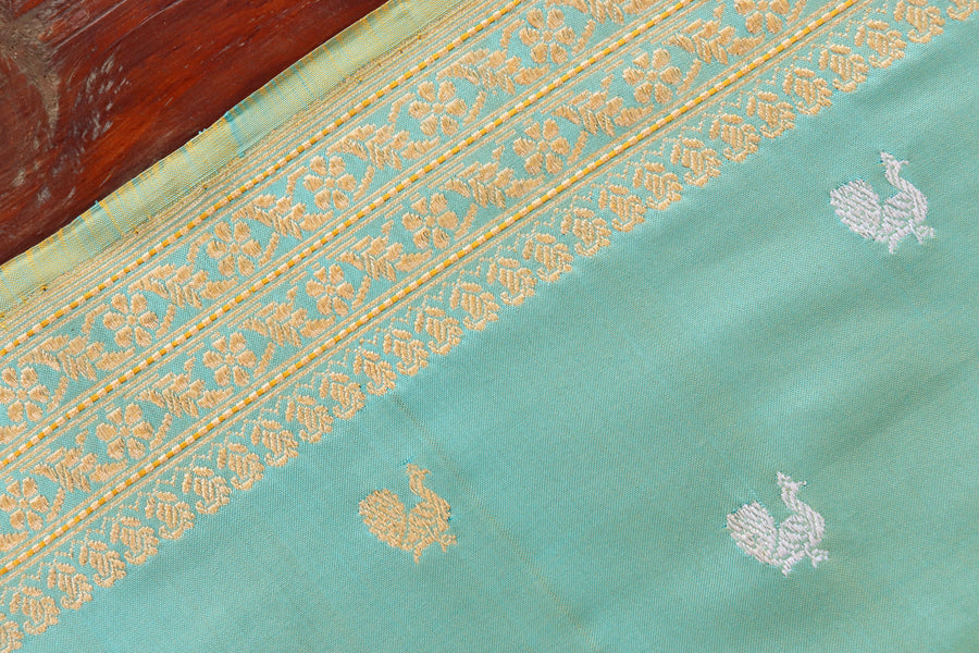 Sky Blue Peacock Motif Pure Silk Handloom Banarasi Saree