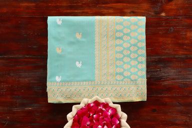 Sky Blue handloom Banarsi saree with peacock motifs in pure silk
