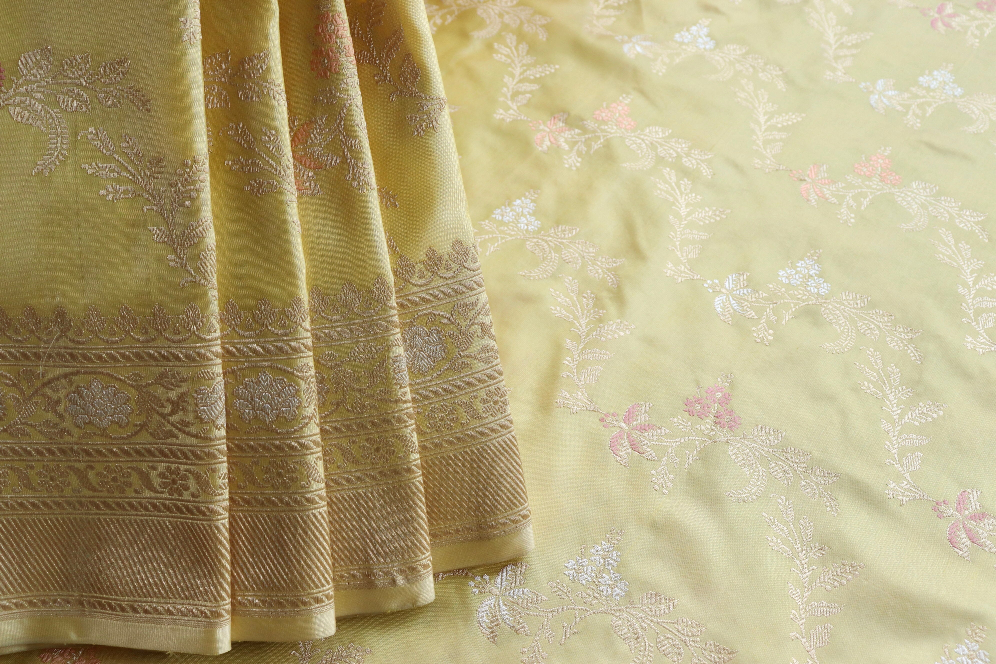 Lemon Gulab Jangla Pure Silk Handloom Banarasi Saree