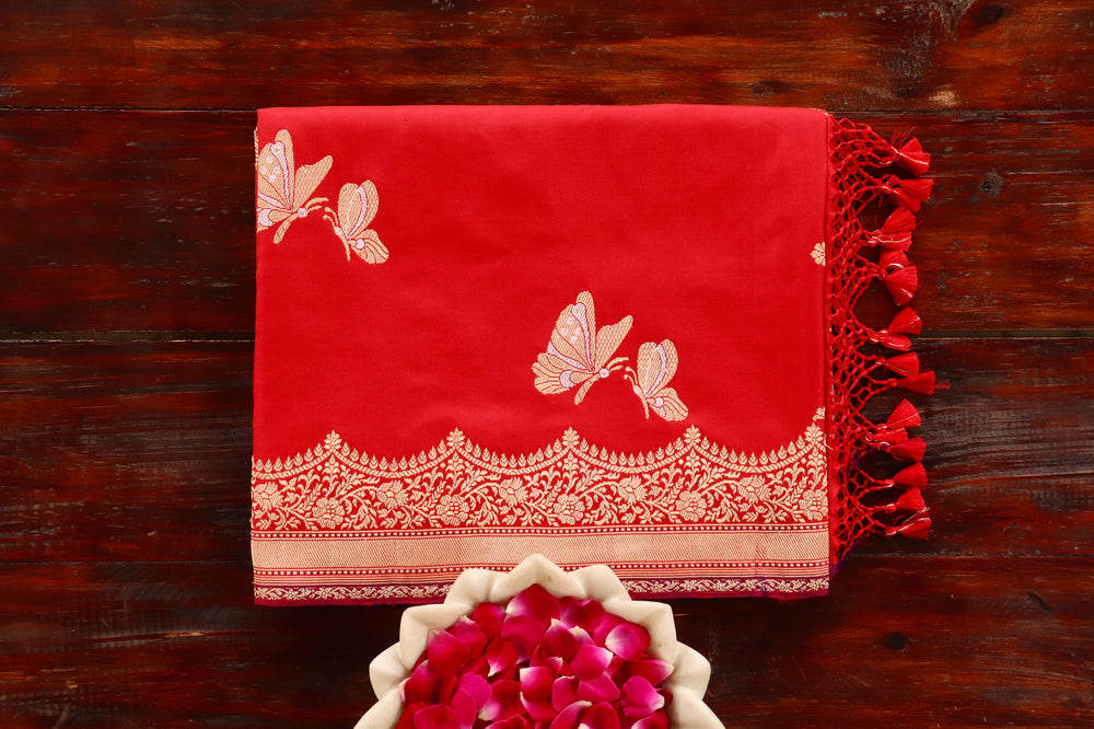 Red Butterfly Motif Pure Silk Banarasi Saree | Stuti Weaves
