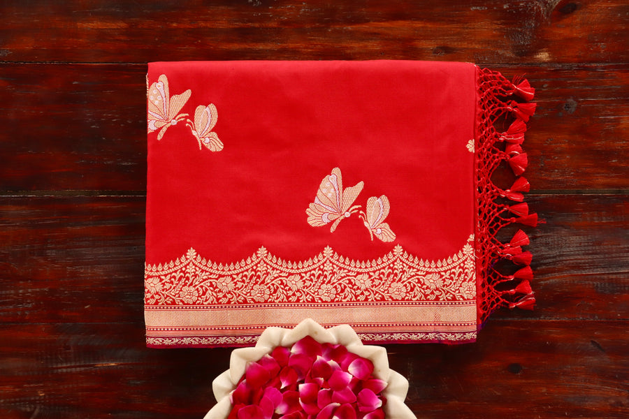 Red Butterfly Motif Pure Silk Banarasi Saree | Stuti Weaves