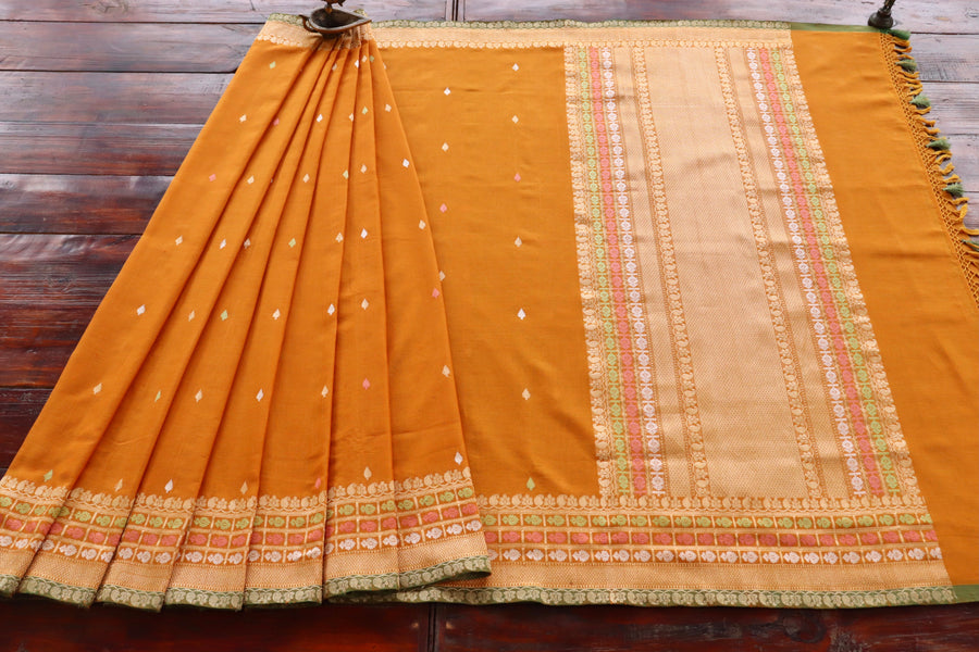 Mustard Meenadar Pure Cotton Banarasi Handloom Saree