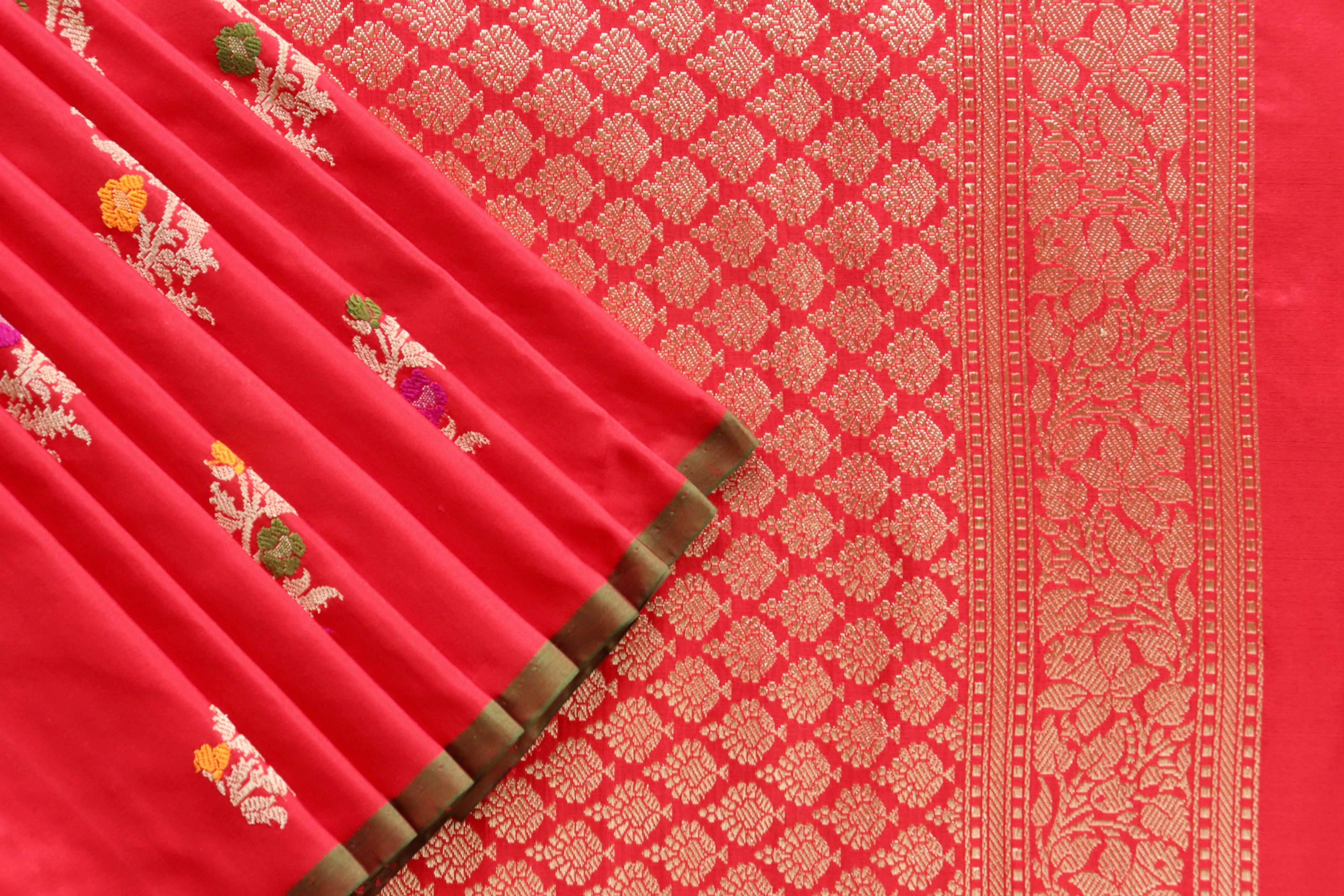 Red Aada Jangla Pure Silk Banarasi Saree