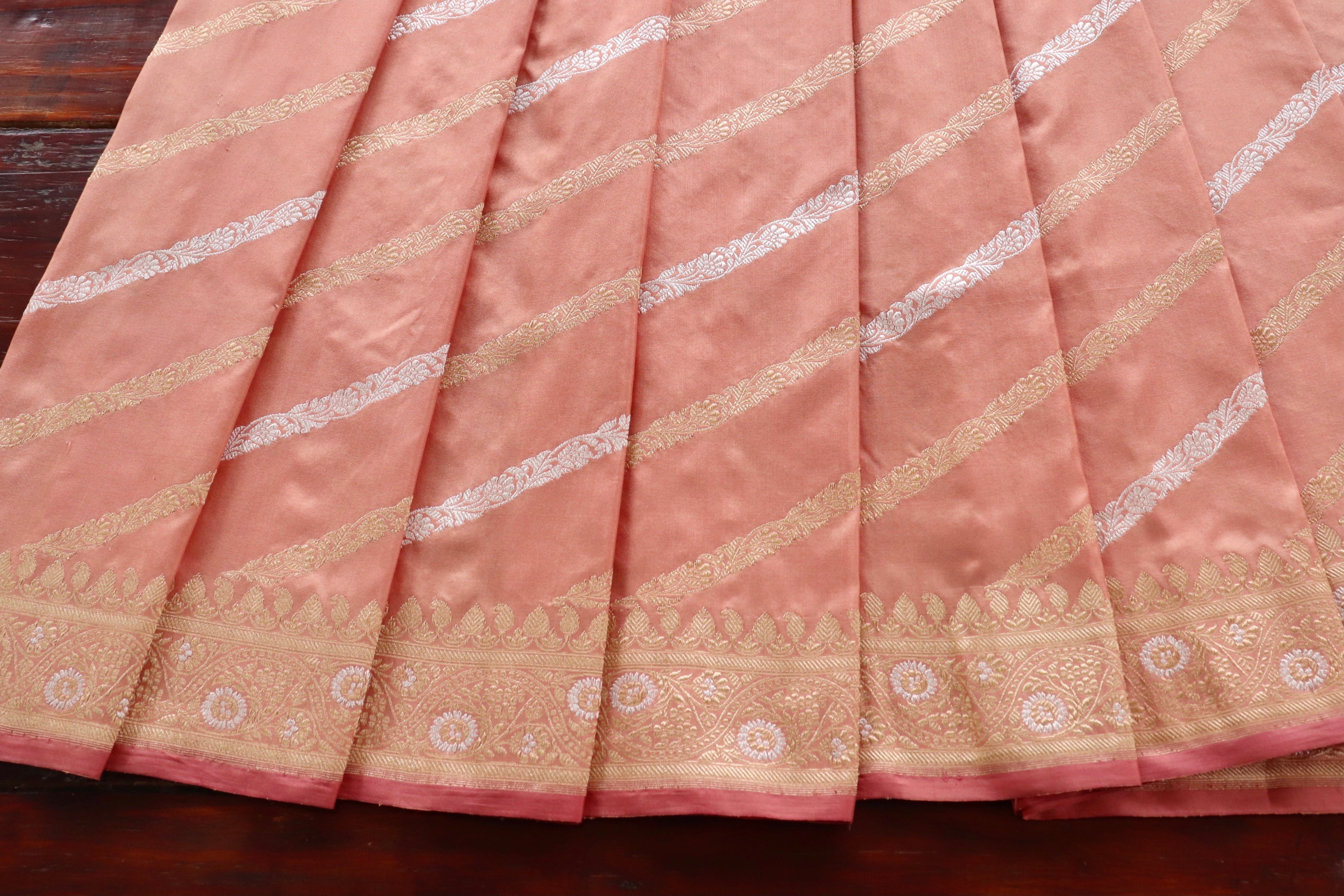 Peach Aada Jangla Pure Katan Silk Banarasi Saree