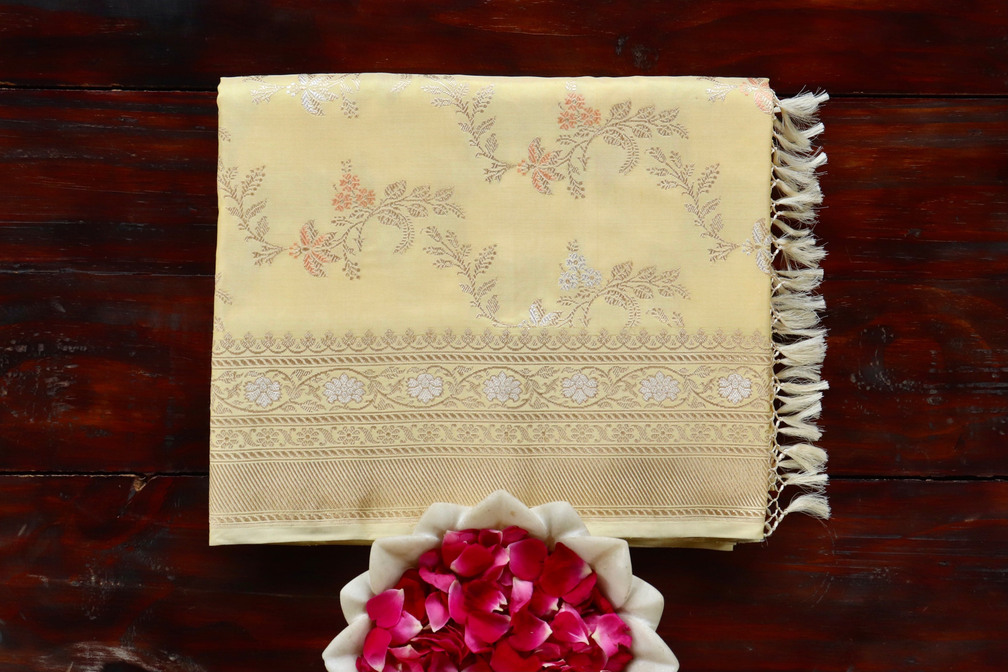 Lemon Gulab Jangla Pure Silk Handloom Banarasi Saree