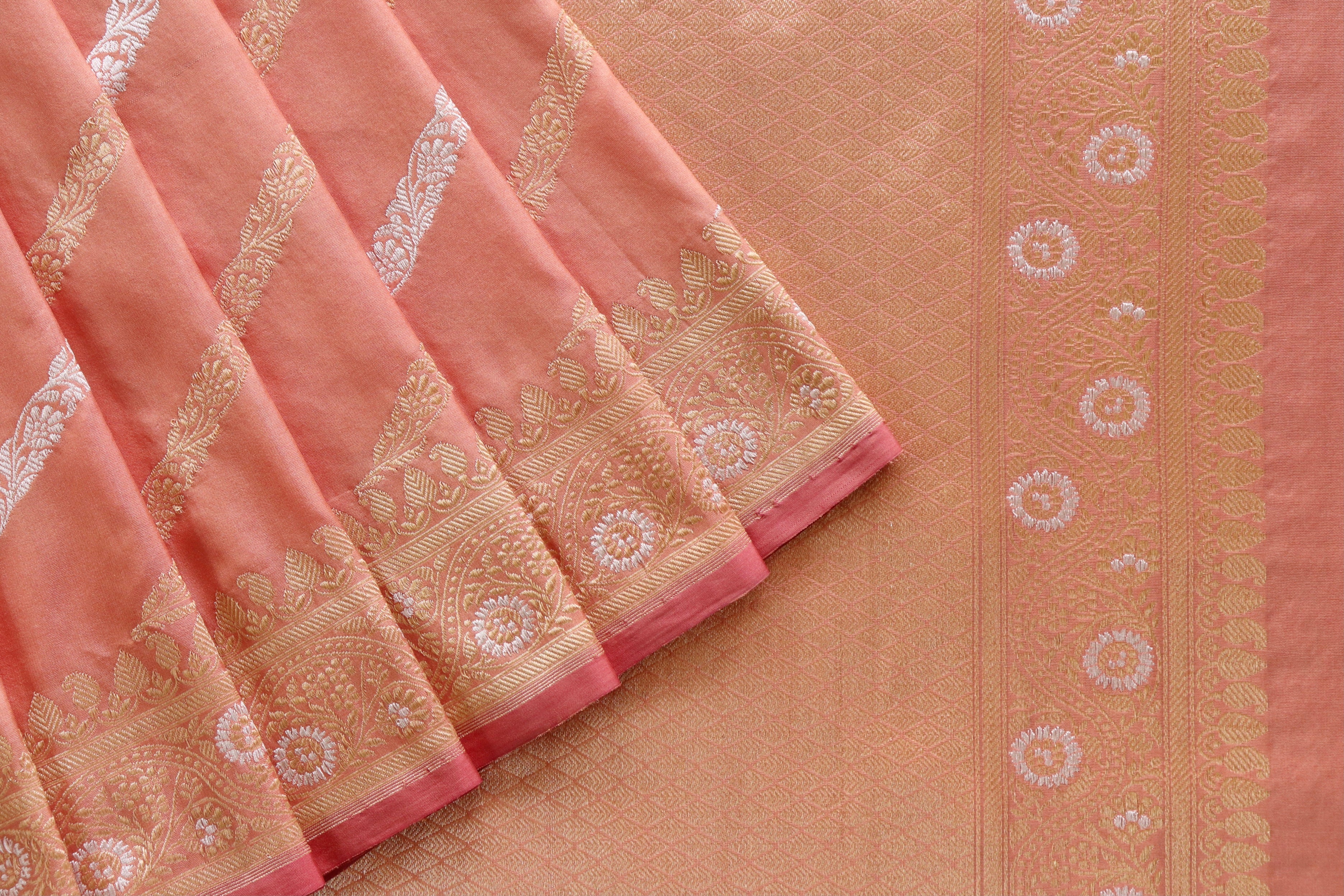 Peach Aada Jangla Pure Katan Silk Banarasi Saree