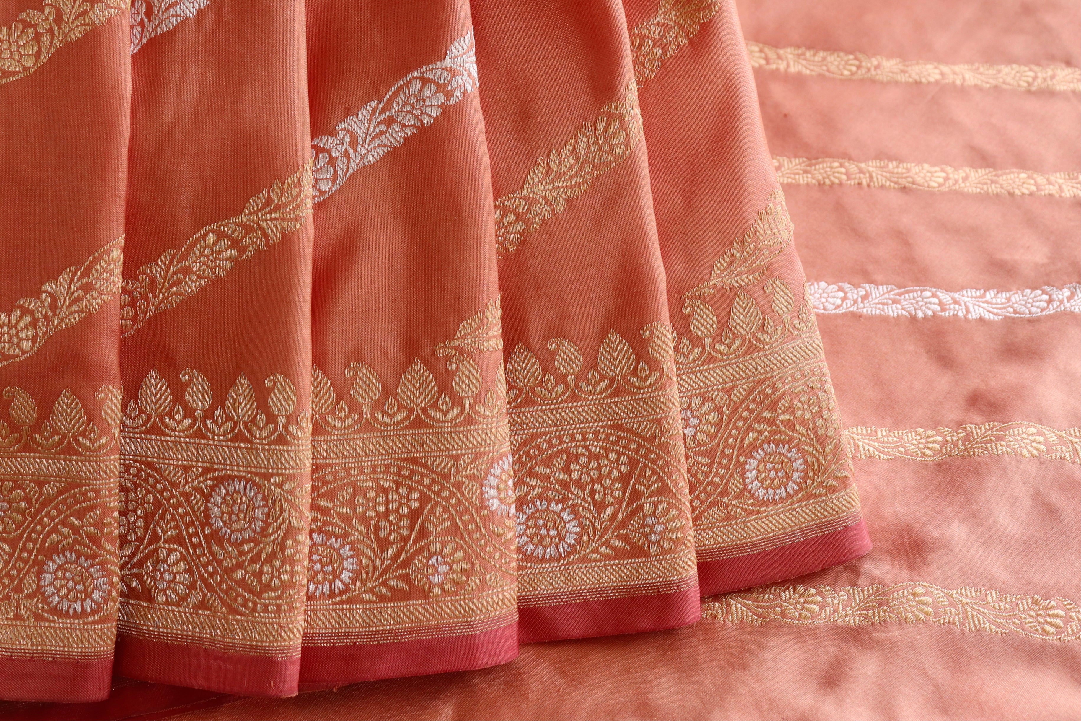 Peach Aada Jangla Pure Katan Silk Banarasi Saree