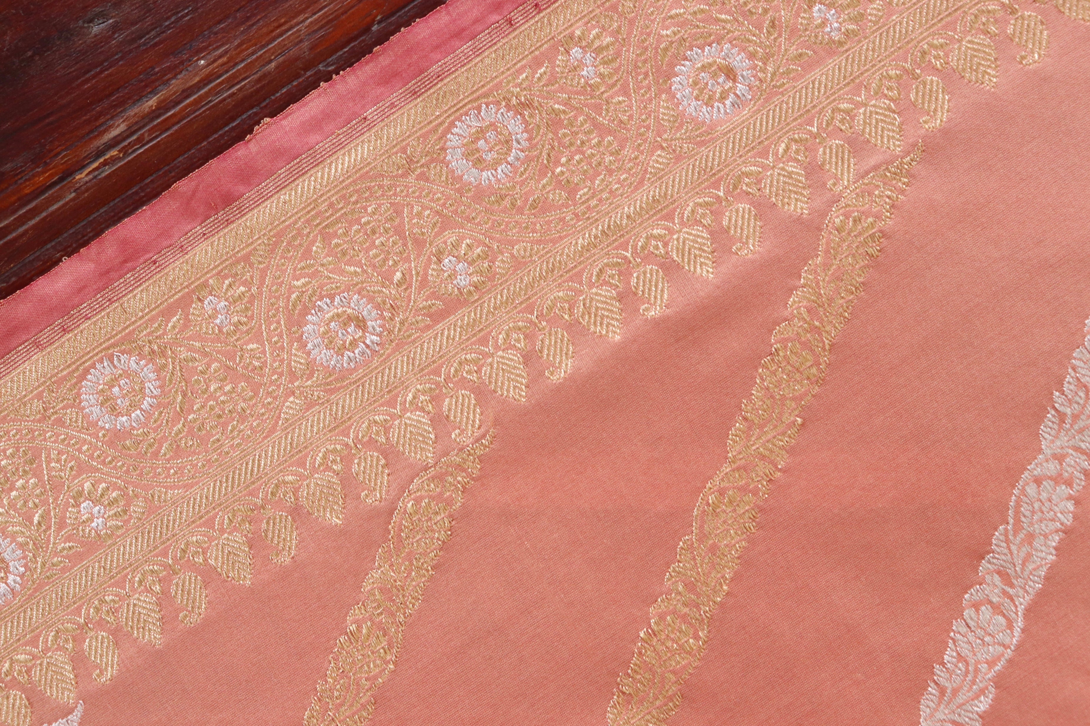 Peach Aada Jangla Pure Katan Silk Banarasi Saree