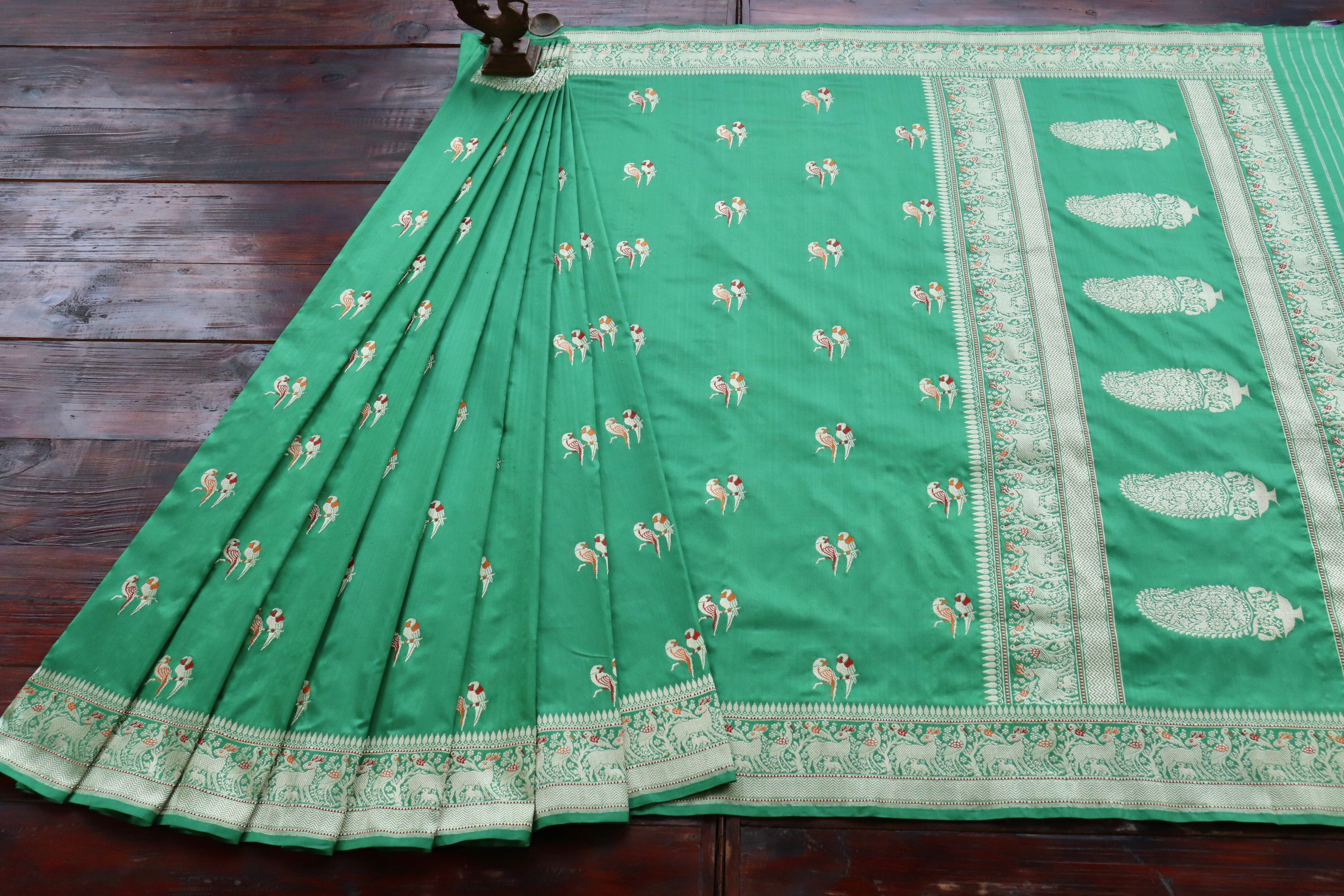 Light Green Bird Motif Pure Silk Handloom Banarasi Saree