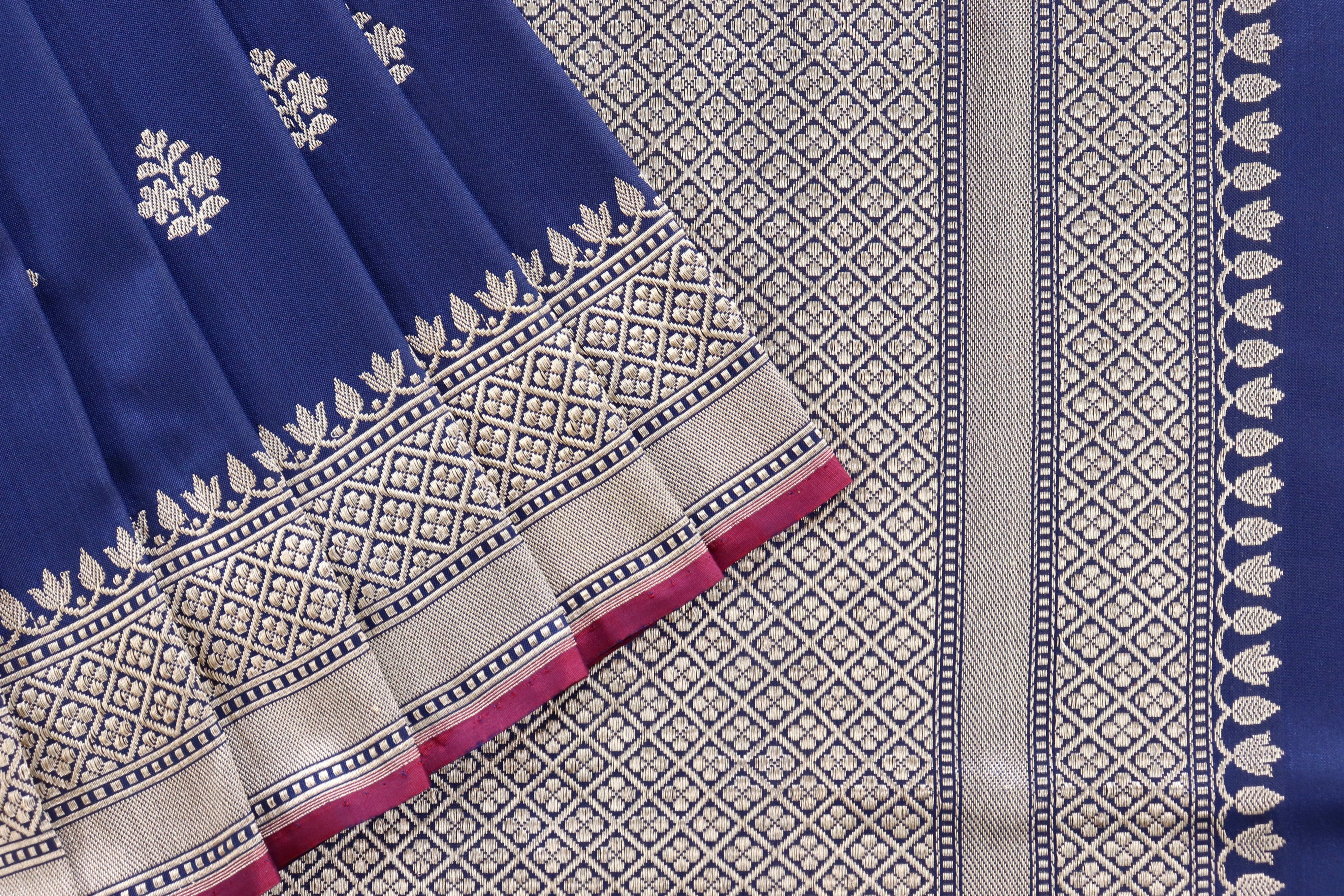 Navy Blue Leaf Motif Handloom Banarasi Silk Saree