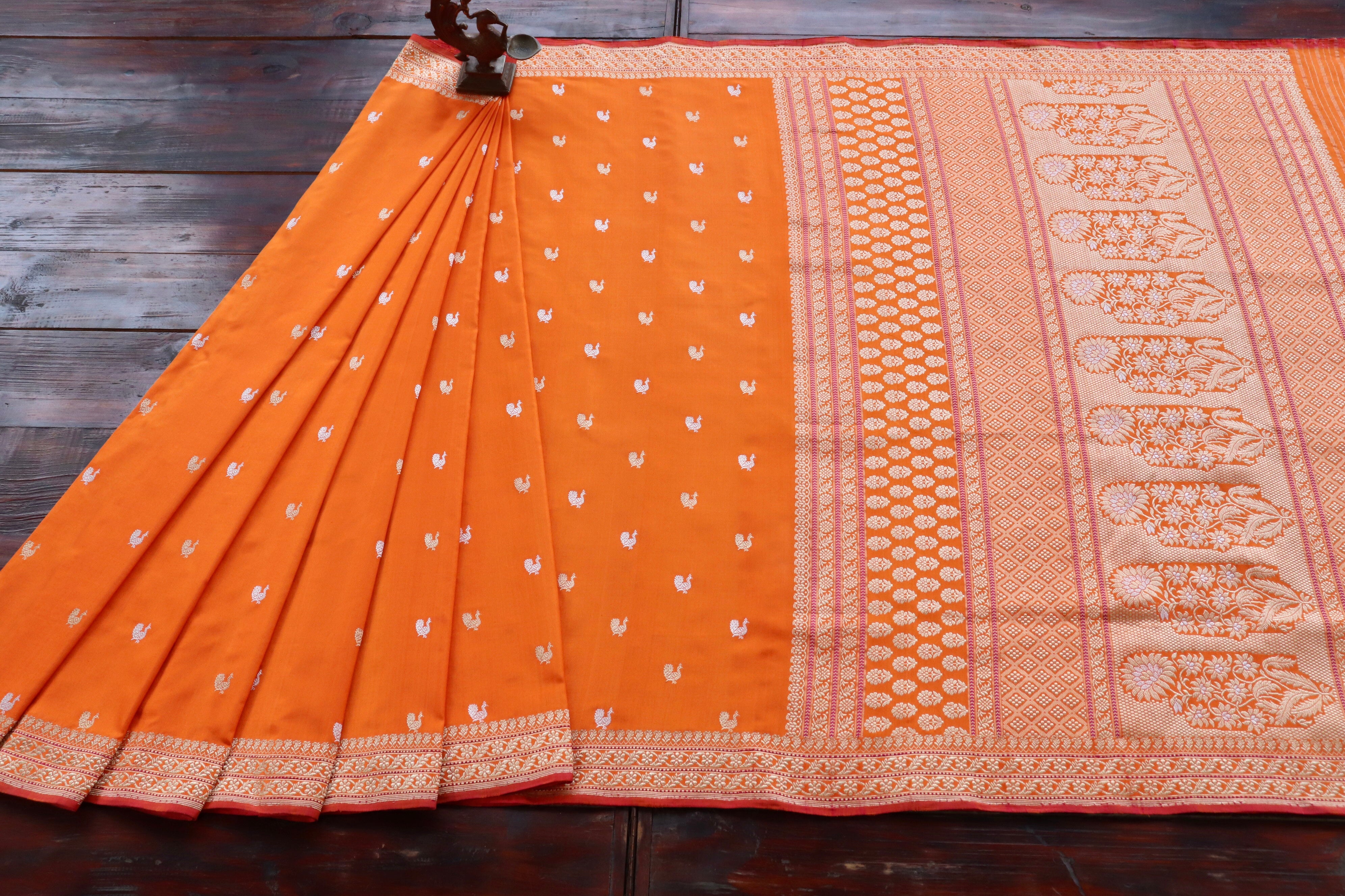 Orange Peacock Motif Pure Silk Handloom Banarasi Saree