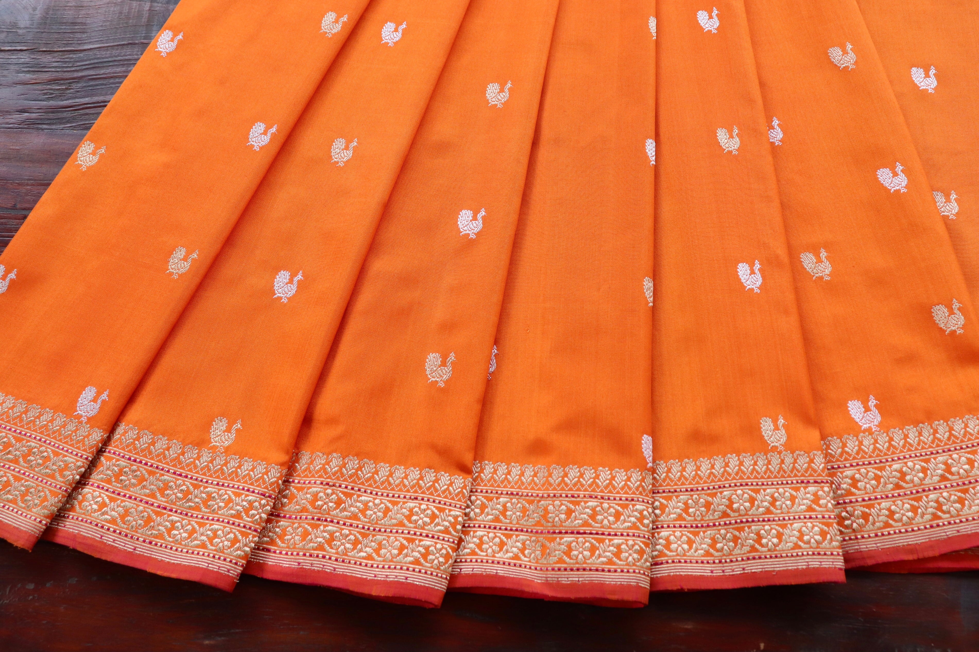 Orange Peacock Motif Pure Silk Handloom Banarasi Saree