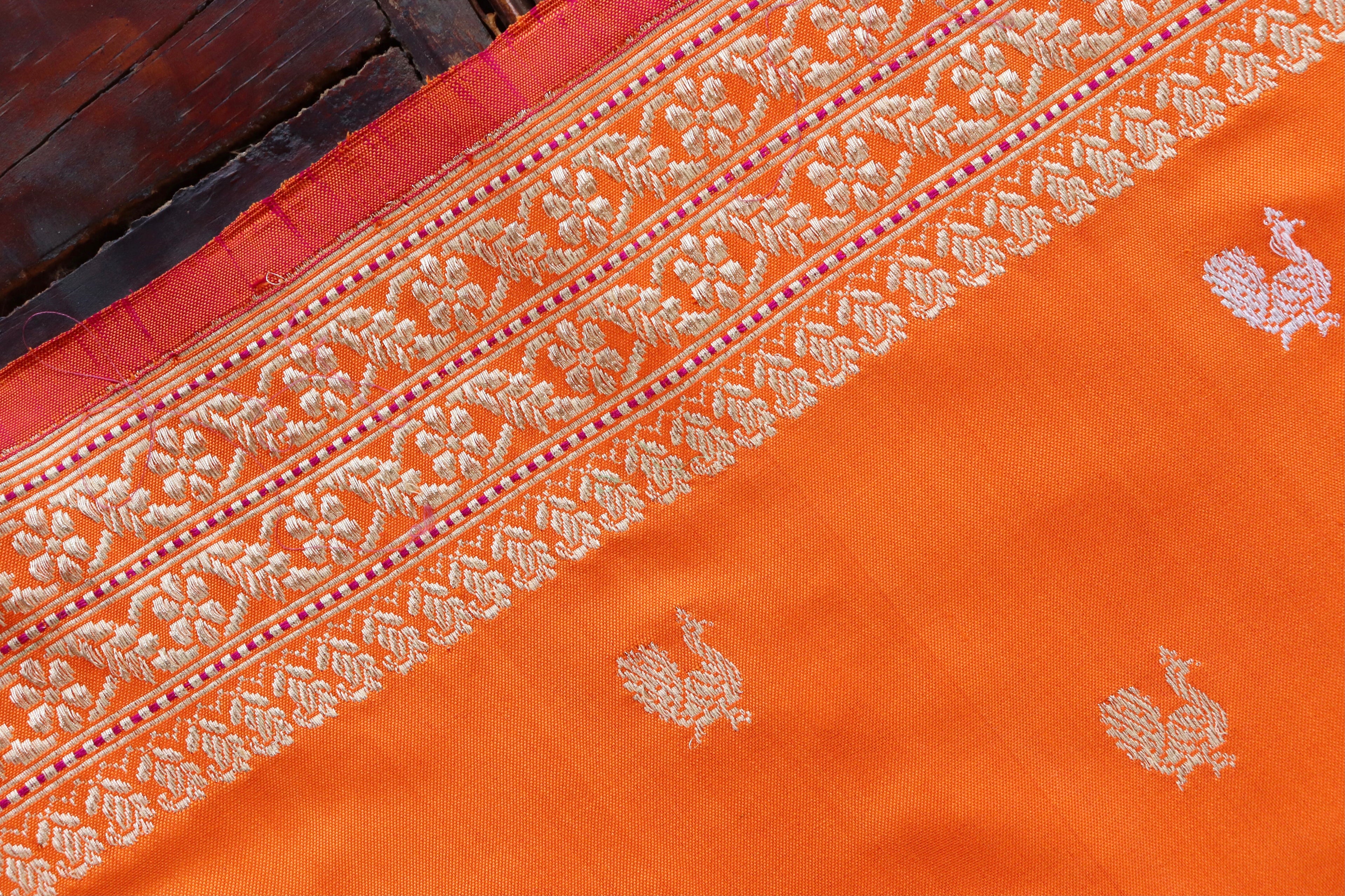 Orange Peacock Motif Pure Silk Handloom Banarasi Saree