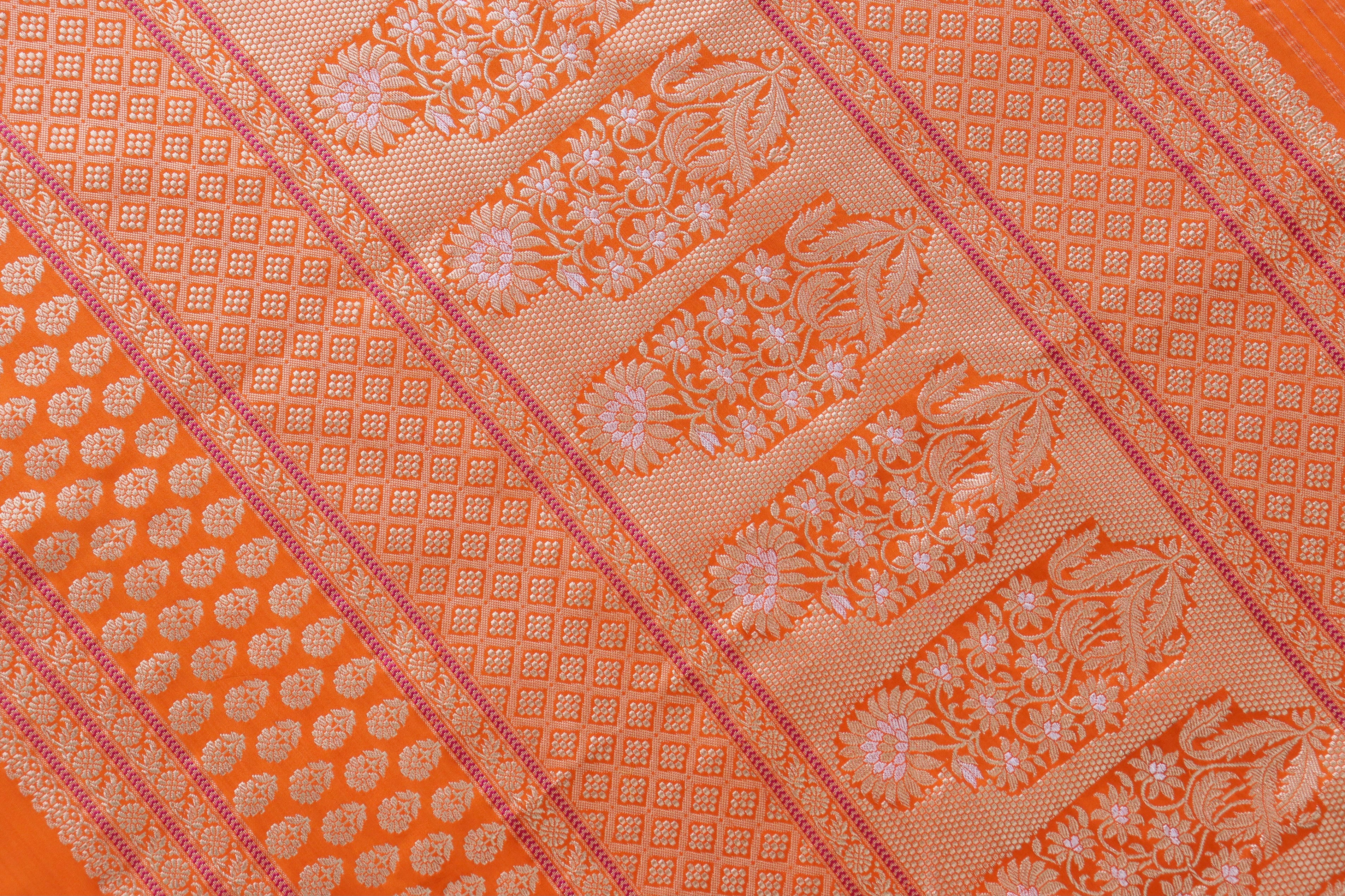 Orange Peacock Motif Pure Silk Handloom Banarasi Saree