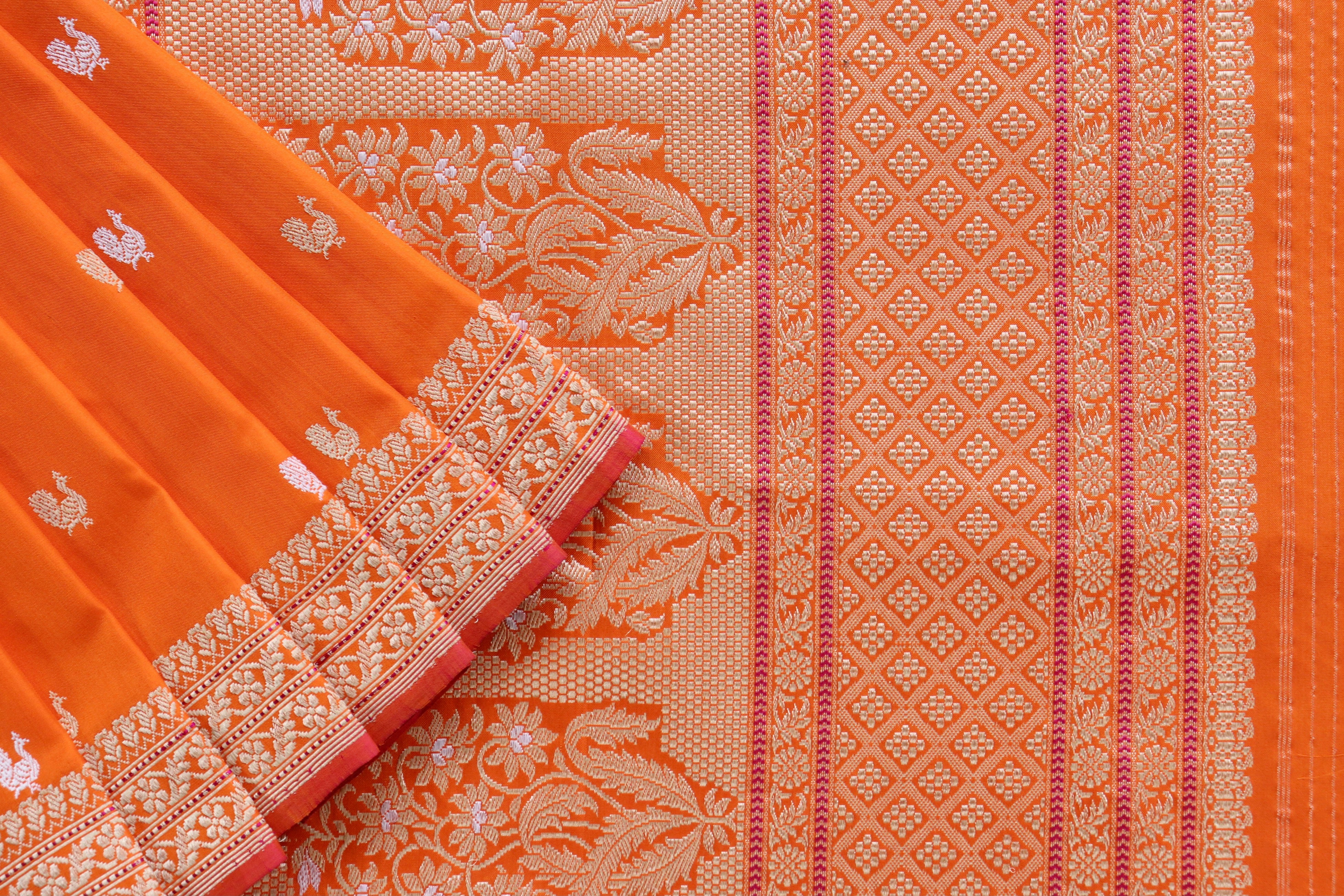 Orange Peacock Motif Pure Silk Handloom Banarasi Saree