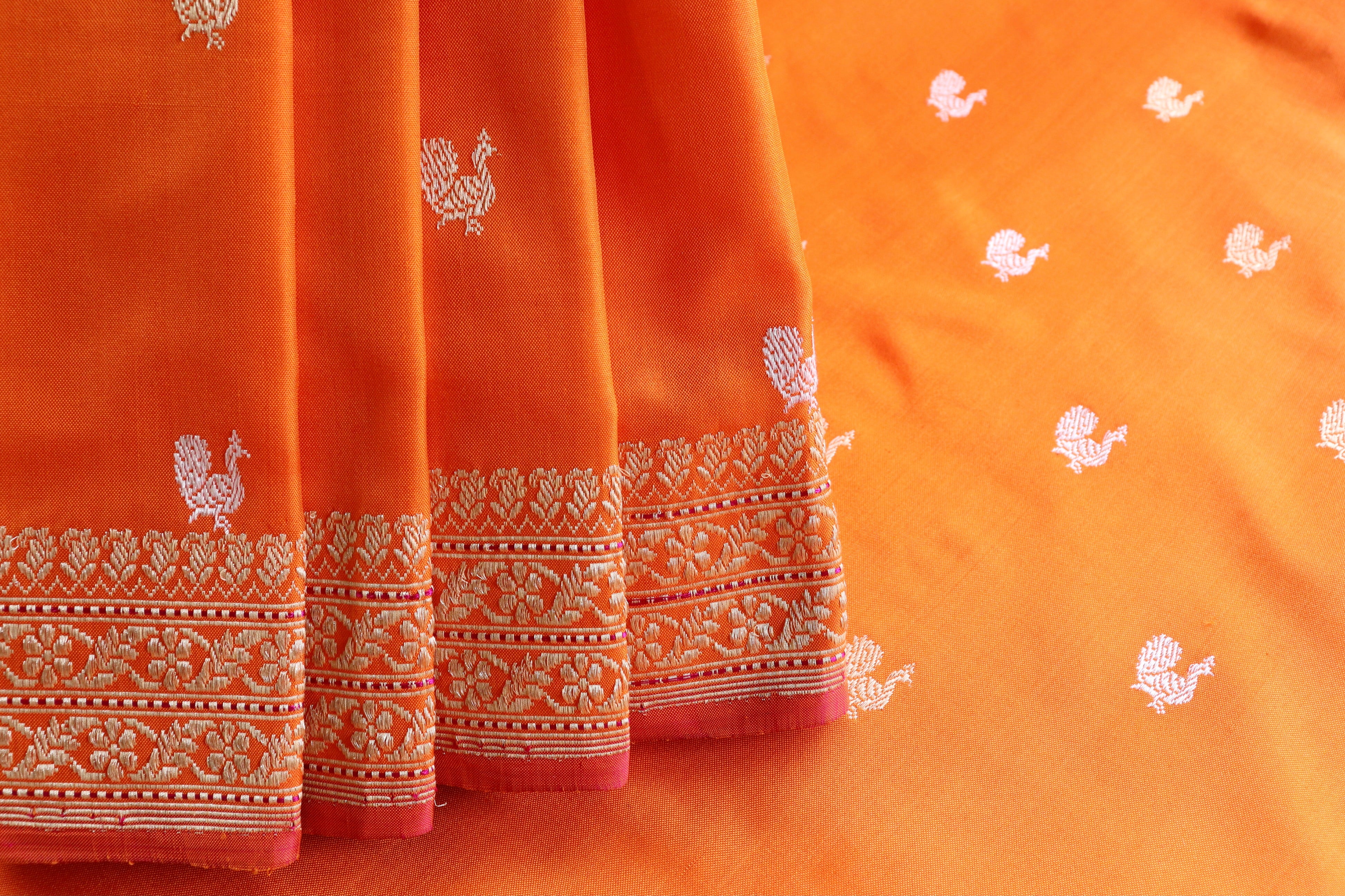 Orange Peacock Motif Pure Silk Handloom Banarasi Saree