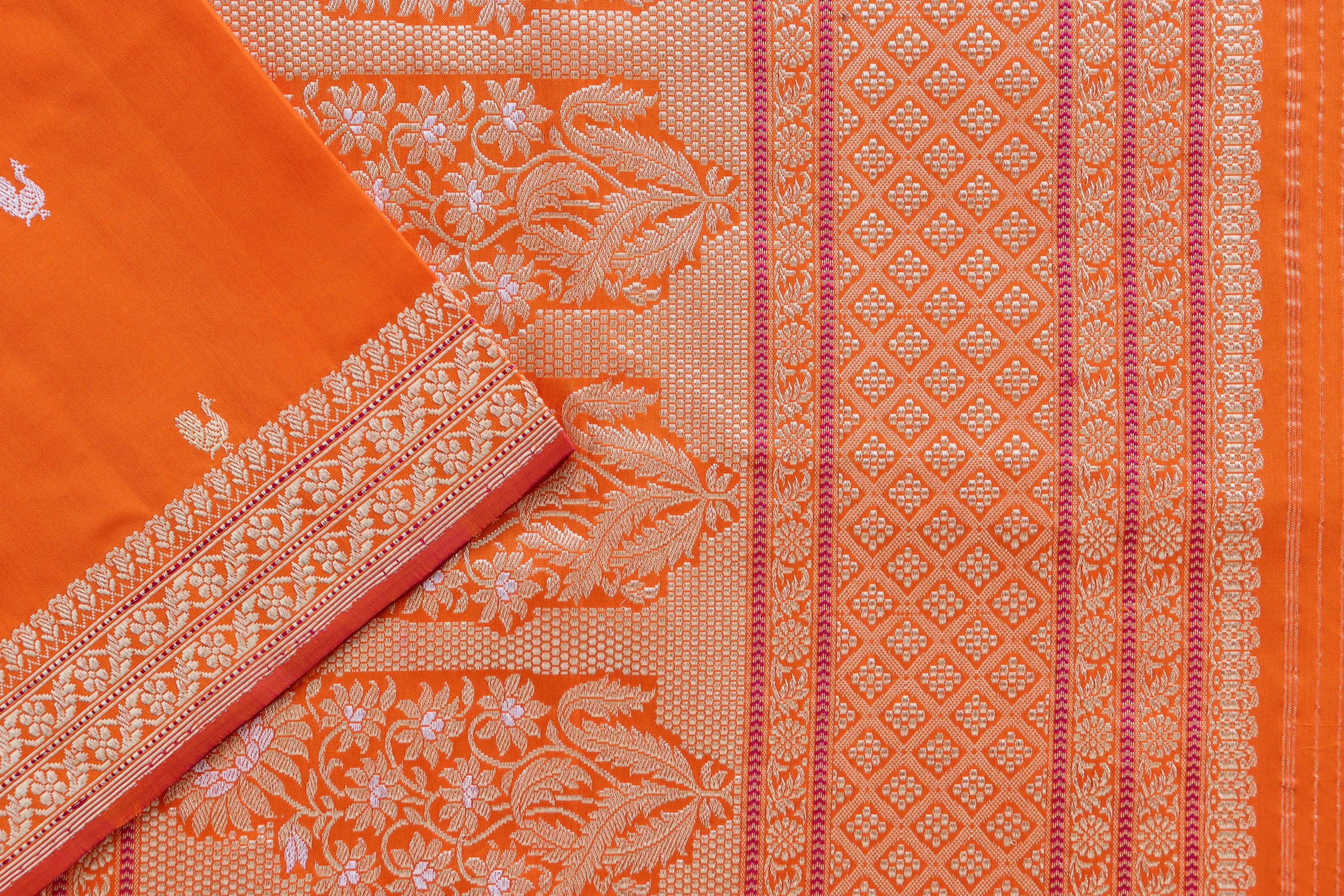 Orange Peacock Motif Pure Silk Handloom Banarasi Saree