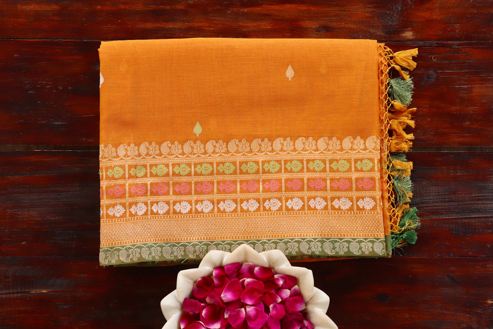 Mustard handloom Banarsi saree with meenadar motifs in pure cotton
