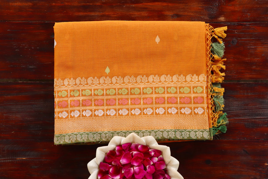Mustard handloom Banarsi saree with meenadar motifs in pure cotton