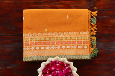 Mustard handloom Banarsi saree with meenadar motifs in pure cotton