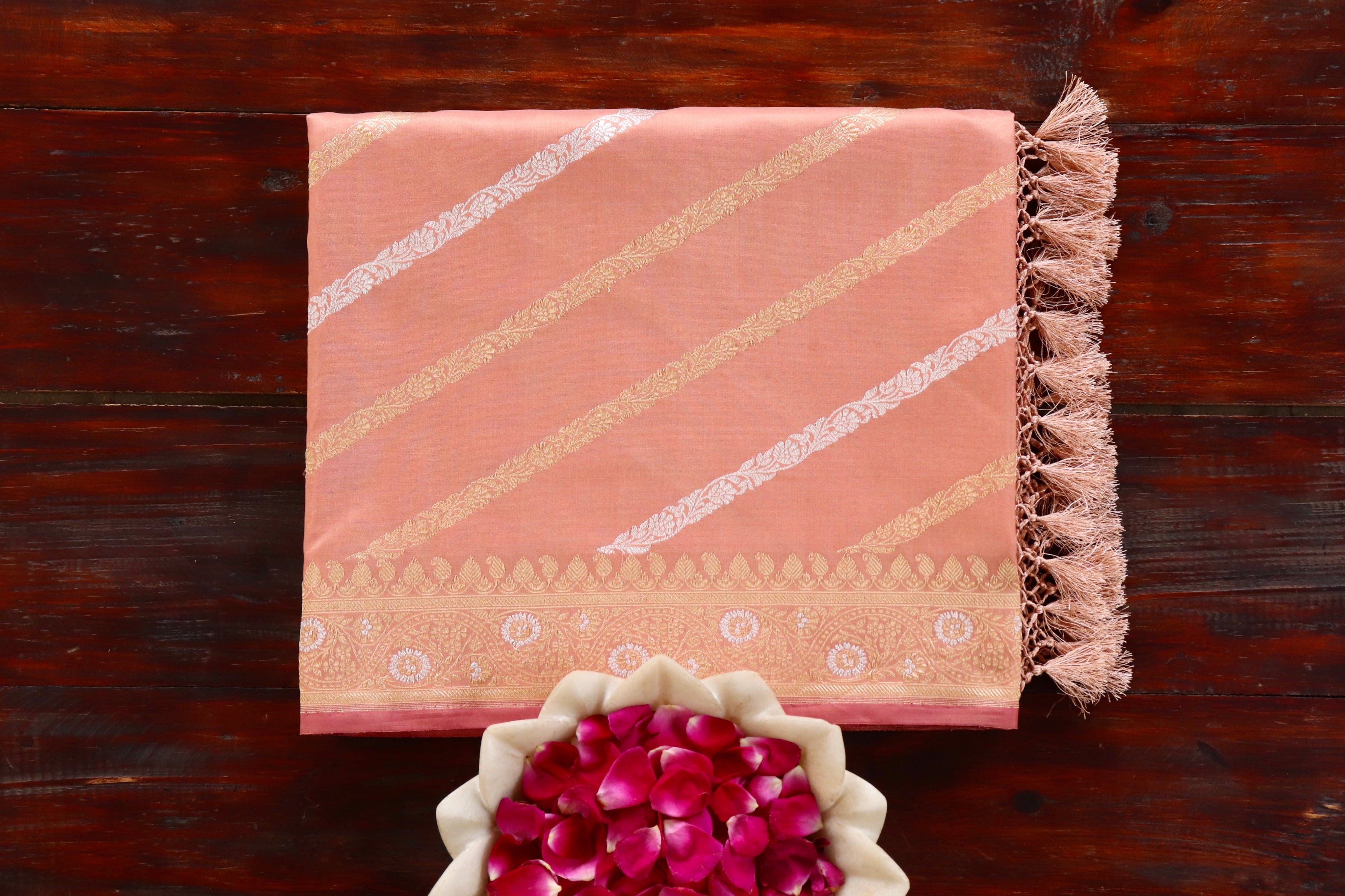Peach Aada Jangla Pure Katan Silk Banarasi Saree