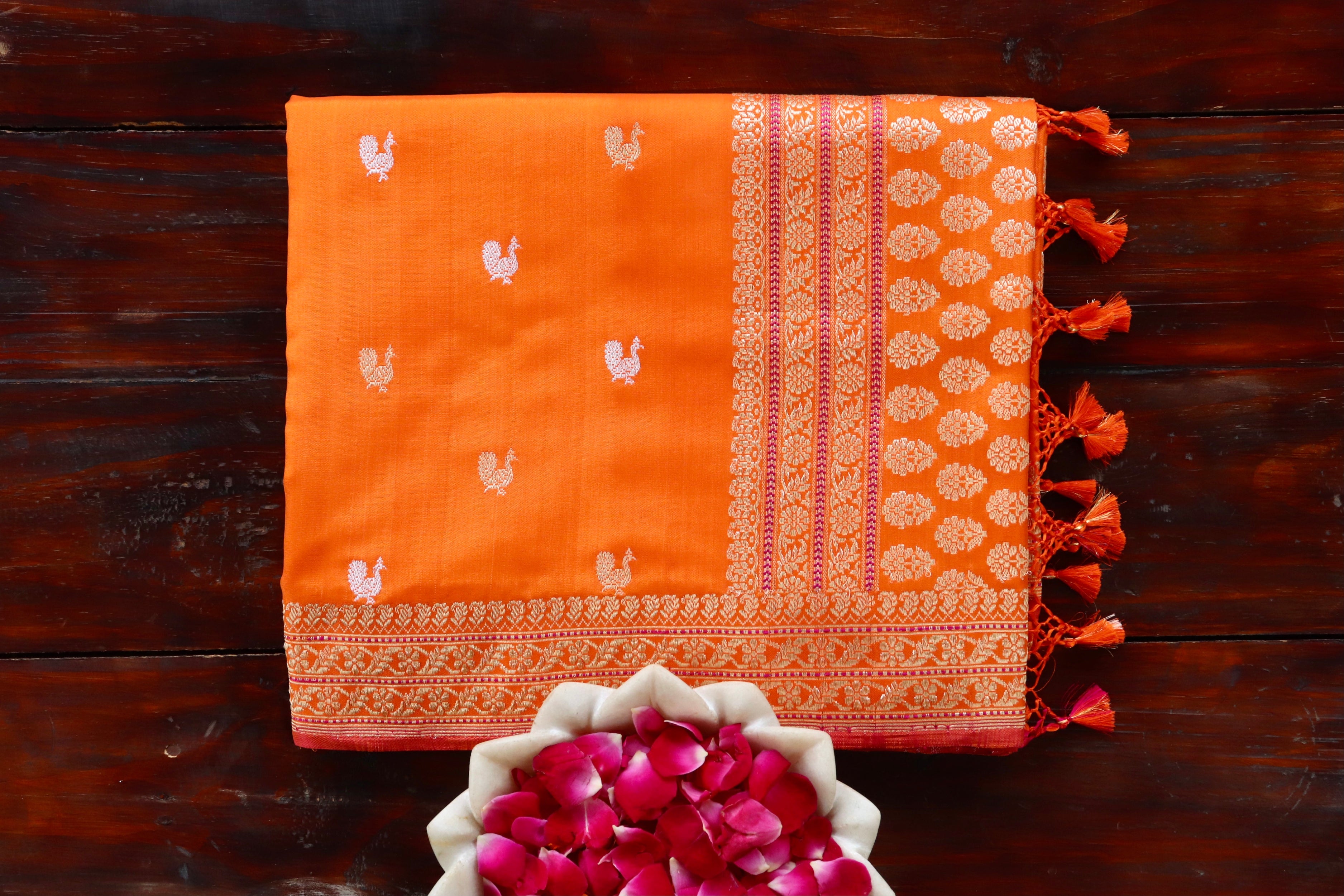 Orange Peacock Motif Pure Silk Handloom Banarasi Saree