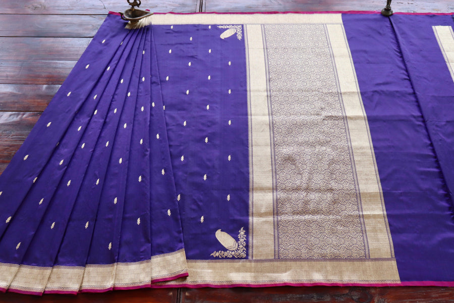 Navy Blue Kairy Kuniya Pure Silk Handloom Banarasi Saree