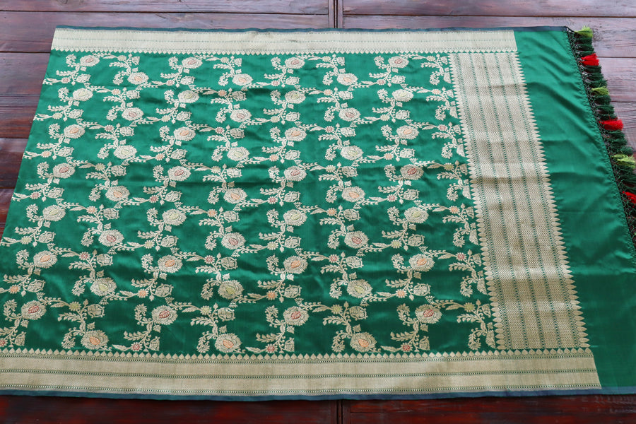 Bottle Green Jangla Pure Silk Handloom Banarasi Dupatta